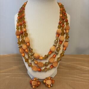 Vtg Hong Kong Necklace Earring Set Orange Sugar Bead